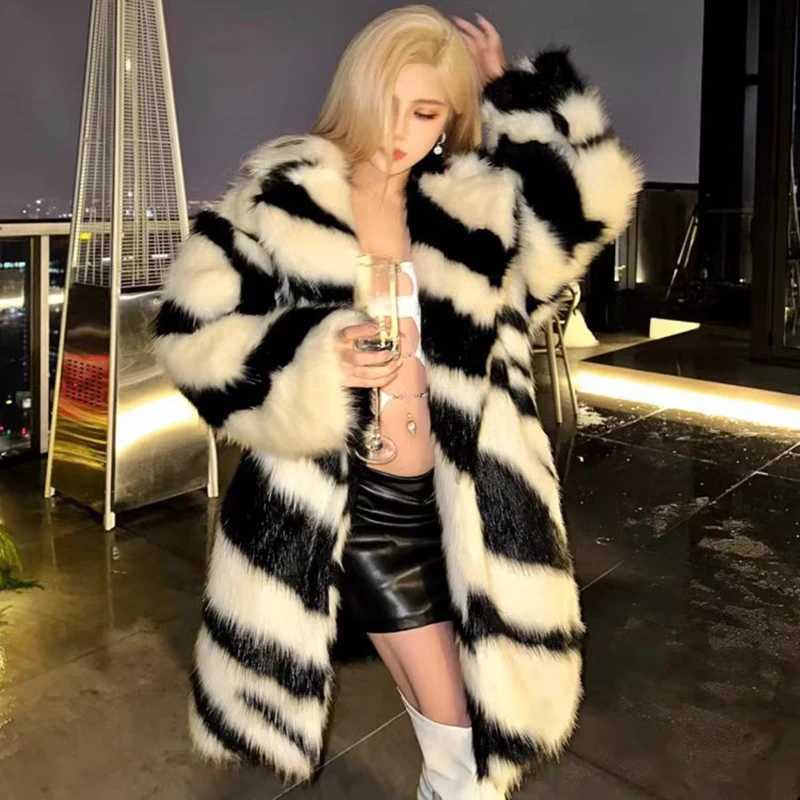 Ladies Spice sexy zebra fur coat fox fur midlength coat temperament winter thick W251016