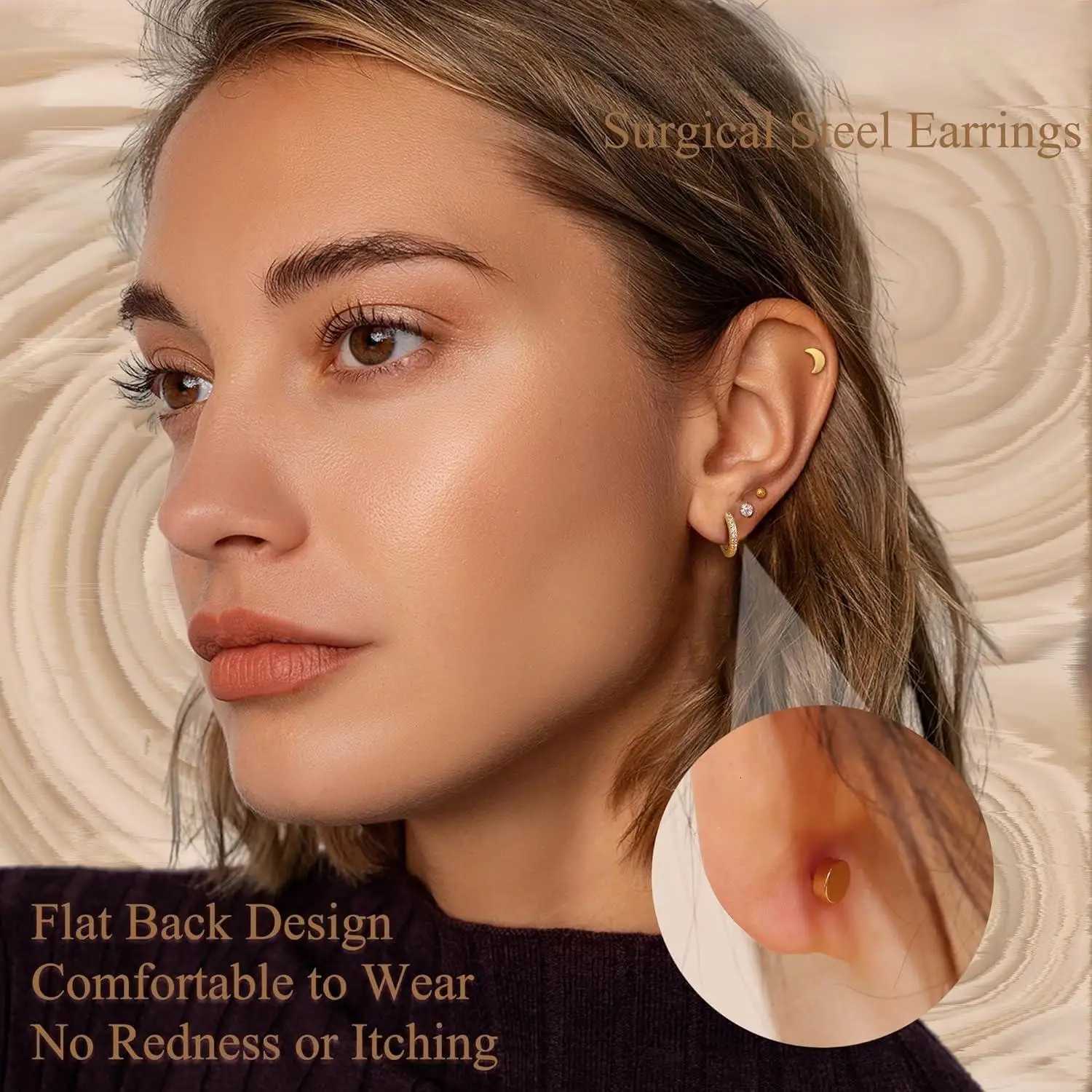 designer earrings moissanite earrings 9-14 Pairs Hypoallergenic 20G Surgical Steel Flat Back Stud for Women Stacks Hoop Cartilage Earrings Set Piercin