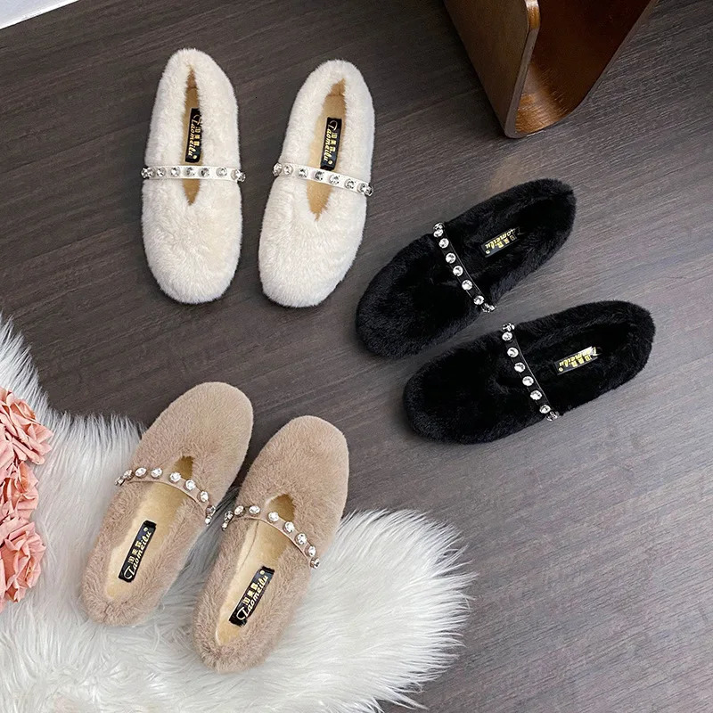 Soft Mink Fur Flats Women Diamonds Belt Mary Janes Winter Fluffy Shoes Ladies Warm Cotton Loafers Slip On Furry Mocasines Mujer 251013