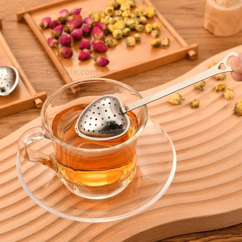 1000pcs Stainless Strainer Heart Shaped Tea Infuser Mesh Ball Herbal Locking Tea Spoon Strainer Steeper With Handle Shower Table Tool
