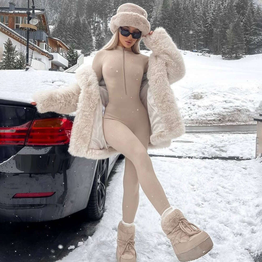 Autumn Winter Solid Color Warm Simple Slim Fit Jumpsuit Windproof Cold-Resistant Fashion One-Piece Base Layer Women's Outerwear B5
