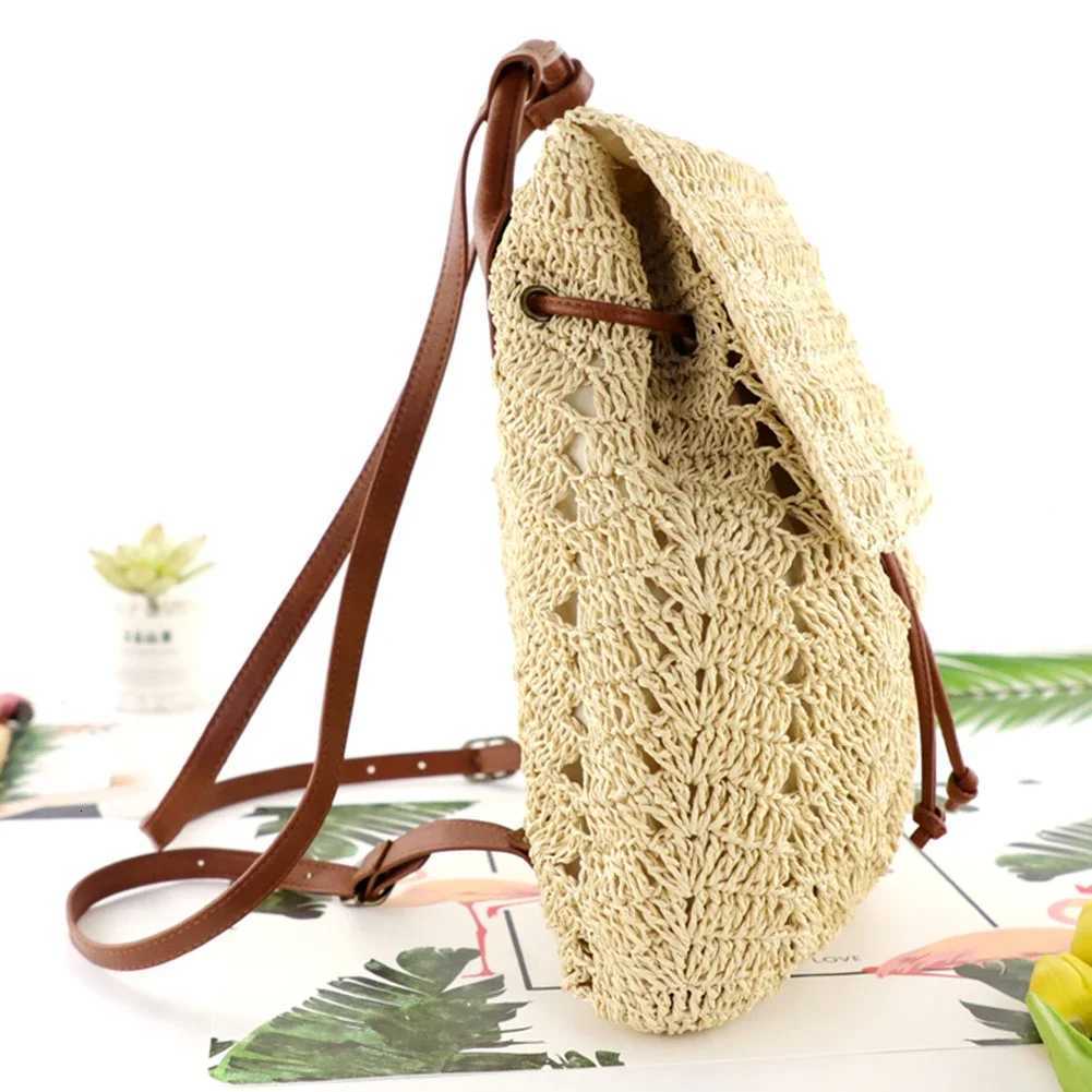 Women Straw Backpack Handmade Woven Casual Beach Holiday Shoulders Bucket BagT251016