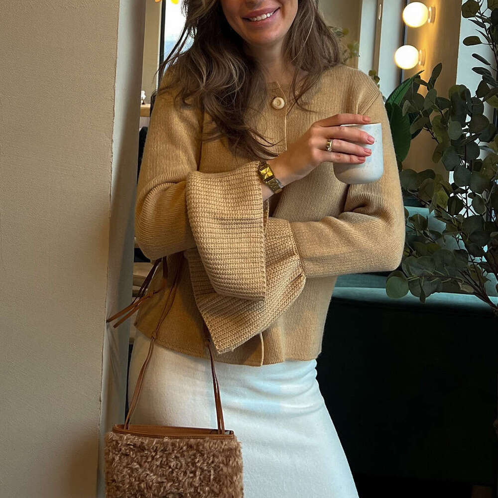 Early Autumn Lazy Style Bell Sleeve Round Neck Knitted Cardigan Versatile Loose Simple Casual Sweater Coat Elegant Women's Clothing B5