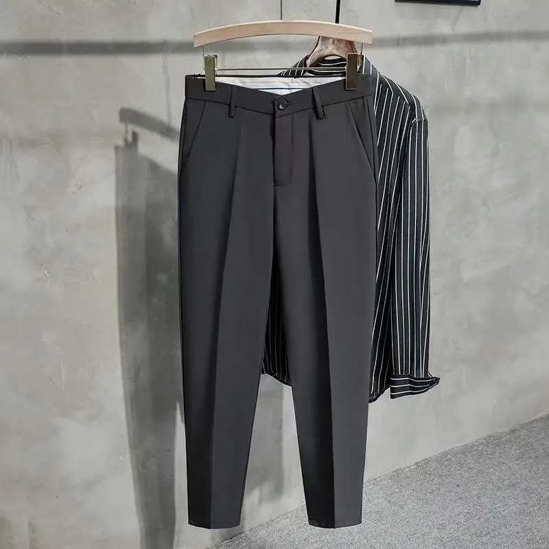 Black Slim Fit Man 9 Cropped Suits Pants New Antiwrinkle Vintage Formal Designer Clothes Classic Casual Suit Trousers for Men X251016