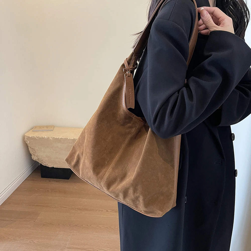 Women Suede Tote Bag Magnetic Closure Shoulder Slouchy Retro Handbag Large Capacity for Work Travel 251014