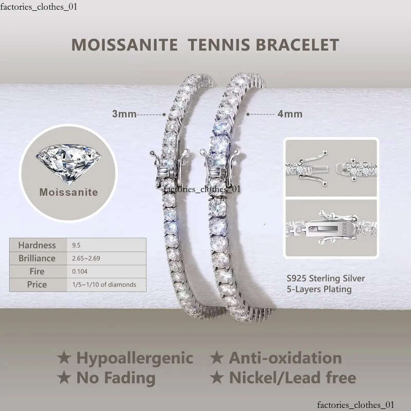 Moissanite Jewelry Women Men 2/3/4/5mm D Color VVS1 Round Cut Dia 14k White Gold Plated Sterling Sier Tennis Bracelet