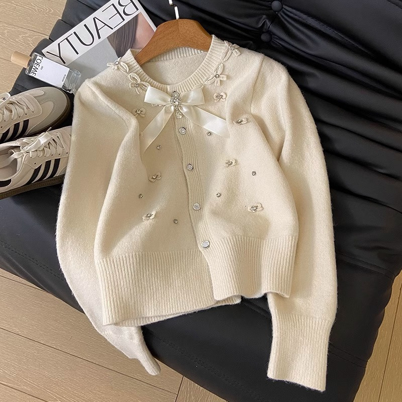 2025 Autumn/Winter design Women's New Top French Thick Bead Bow Knitted Open Knitted Woolen Sweater Soft Designer Jacket Autumn/Winter Versatile 