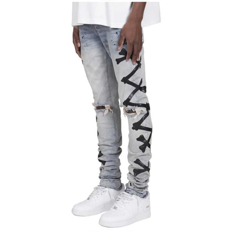 Ripped Jeans For Men Stretch Slim Printed Bones Skinny Pants Men Hip Hop Denim Trousers Streetwear Casual Stacked Jeans Blue J251016