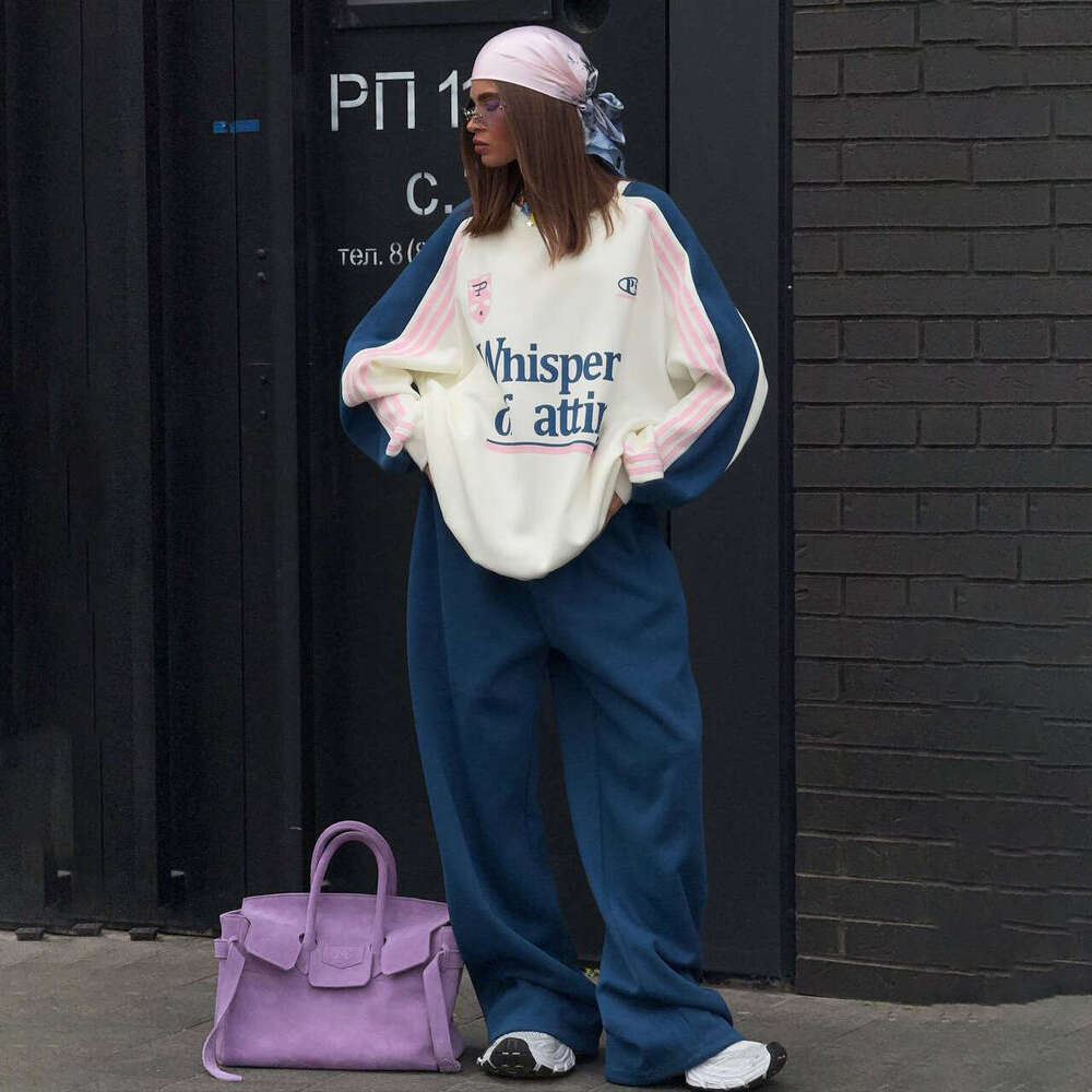 American Street Style Color-Block Printed Sports Sweatshirt Set For Women, Round Neck Loose Long Sleeve Pullover Top With Drawstring Wide-Leg Pants B5