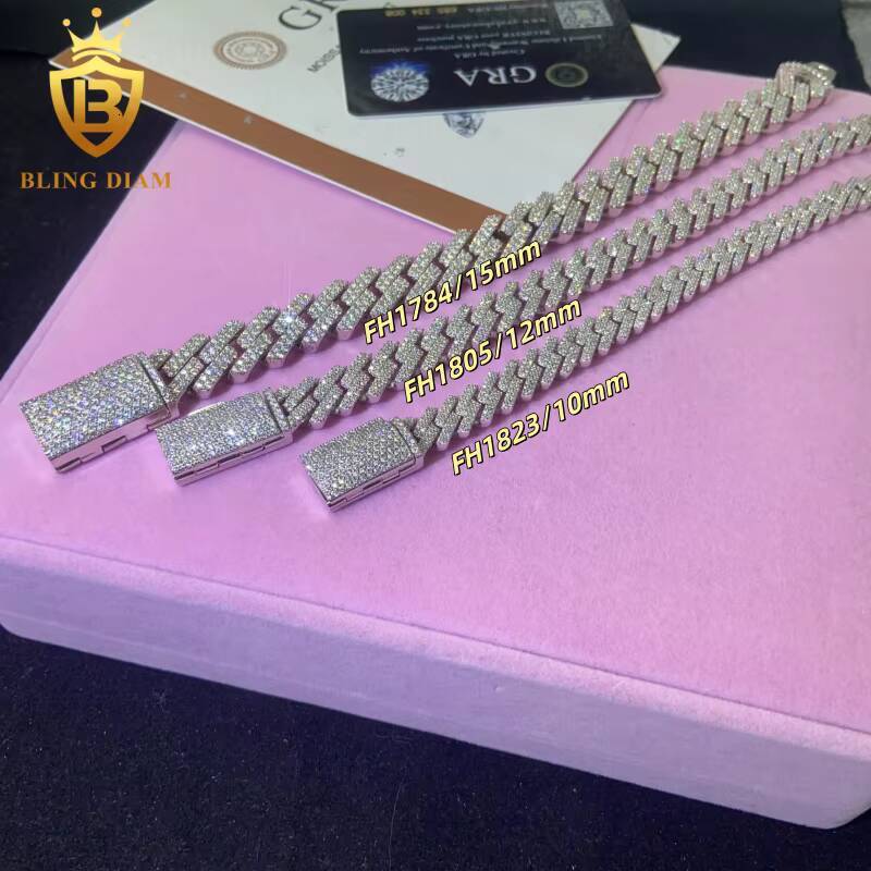 Fashion Cuban Moissanite 1015mm Link Chain VVS1 Iced Out Moissanite Diamond NecklaceBracelet 925 Silver Past Diamond Test