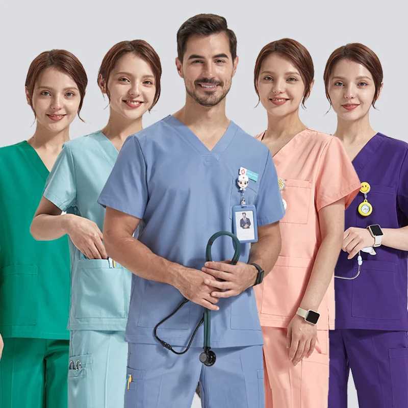 Functional Durable Medical Uniforms Nonelastic Basics Hospital Nursing Multiple Pockets Cargo Scrubs Sets for Women Men 8020 X251016