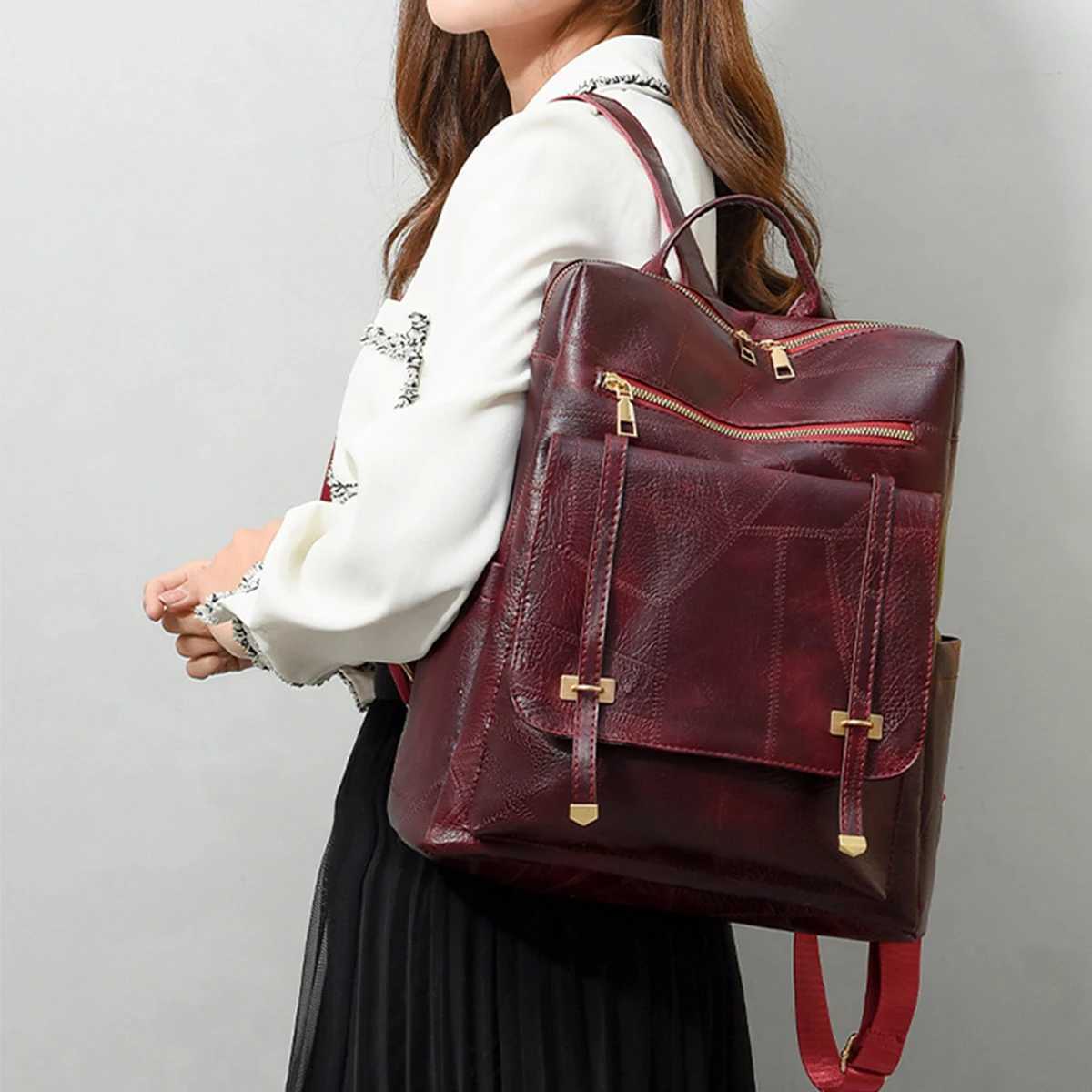 Backpack Trendy Korean Edition Fashion Solid Color Womens Backpack Casual PU Soft Leather Anti Splash Travel BagLJXT251016