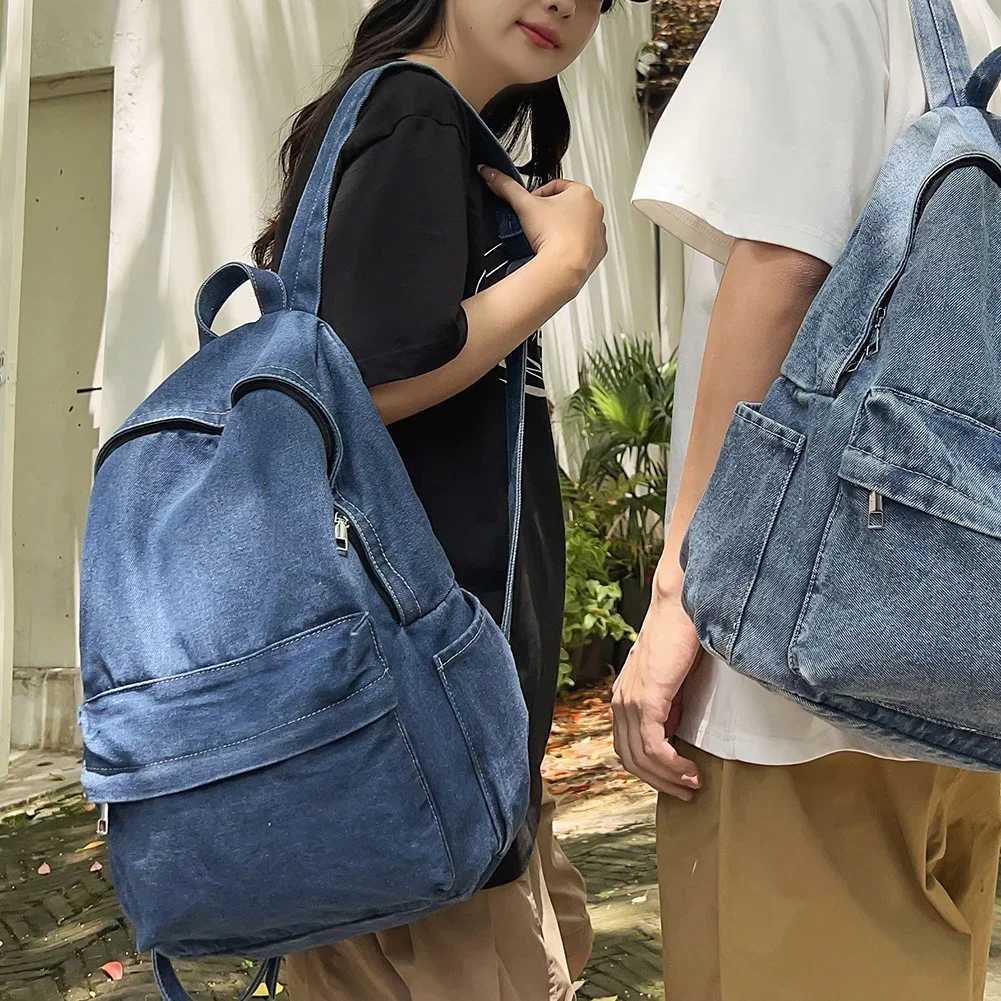 New denim backpack Shoulder Bag for Women Men Multipocket School bag canvas Zipper Retro Rucksack Solid Travel Gym bags mochilaT251016