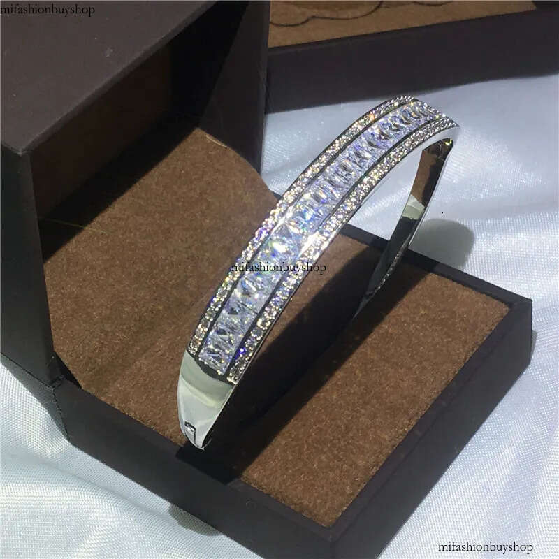 Rulalei Sparkling Hot Sale Jewelry Sterling Sier Full Princess White Topaz CZ Dia Gemstones Women Bracelet Bridal Bangle
