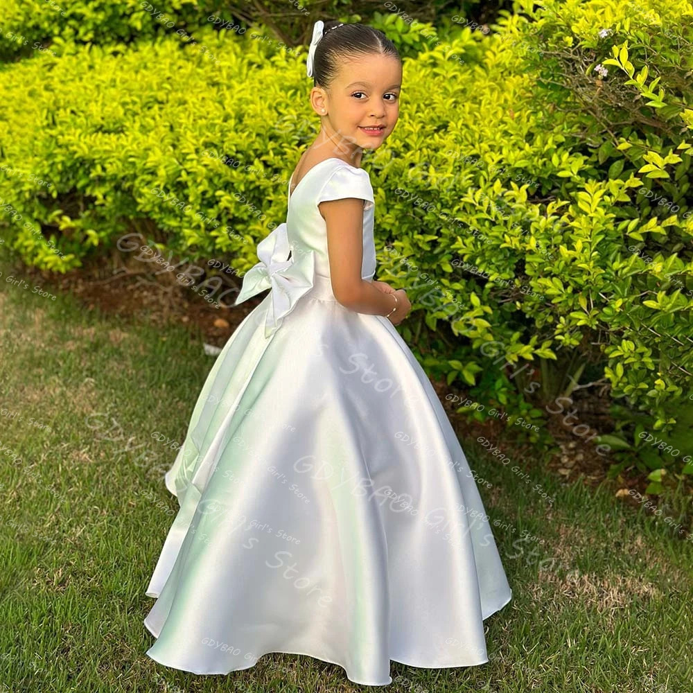 Chic Cap Sleeve First Communion Dress for Kids Satin Bow FloorLength Birthday Party Gown Customized Kids Clothing Flower Girls 251014