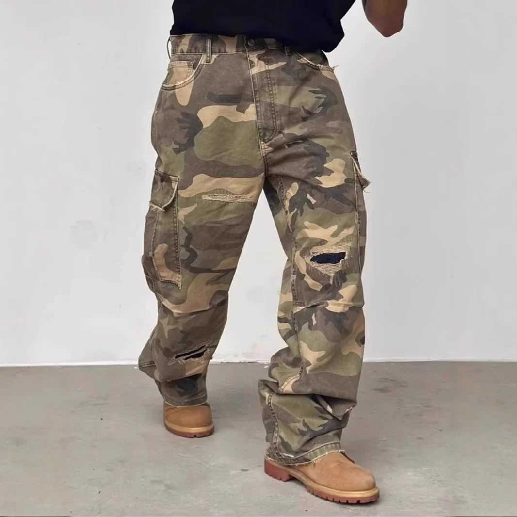 Washed American Street Camouflage Workwear Jeans High Street Style Casual Straight Leg Torn Trendy Long Pants for Men J251016