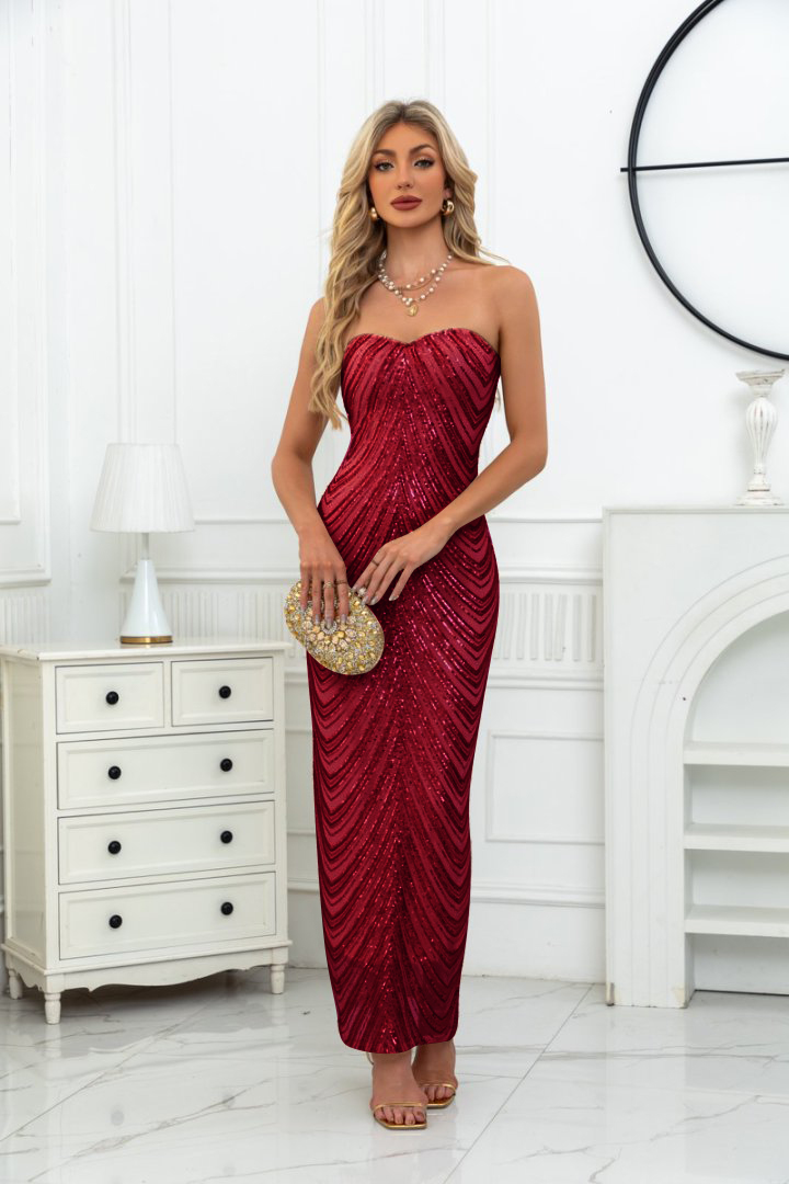 Women's Red Sequin Strapless Maxi Dress, Bodycon Glitter Evening Gown for Party & Prom 23560