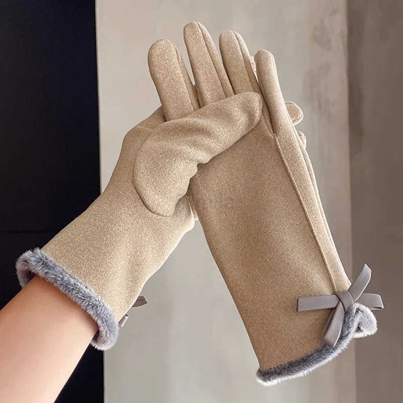 Winter womens gloves with touch screen for driving and cycling thickened fleece for warmth and warmth Korean version gentle U251017