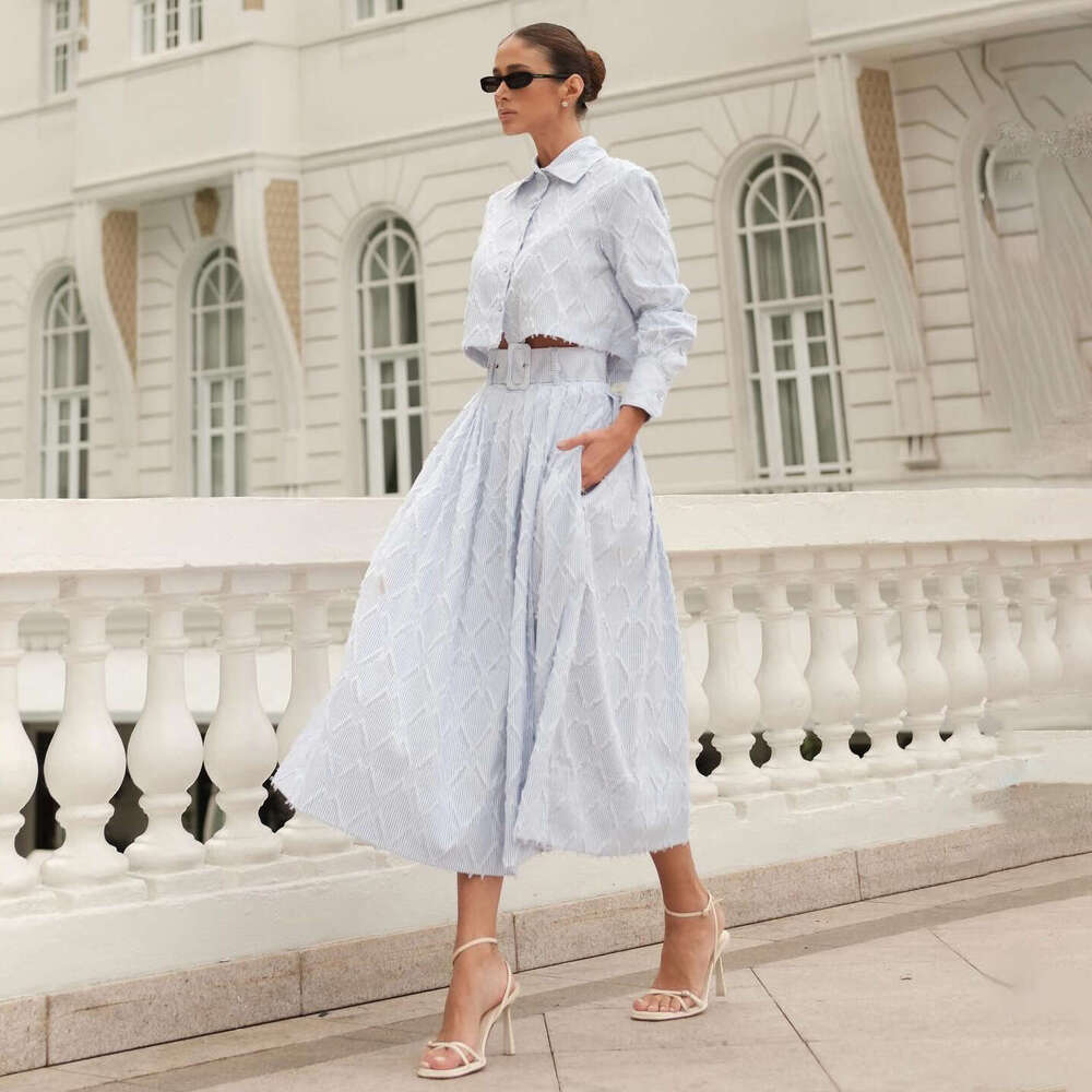 Fashionable Elegant Lapel Sleeve Short Top Adjustable Waist Long Skirt Two-Piece Set For Commuting Women B5