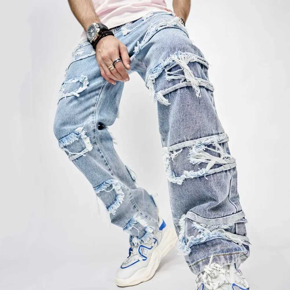Distressed Spliced Wide Leg Jeans Men Denim Ankle Length Pants High Waist Pockets Loose Fit Vintage Washed 2025 Punk Style pants J251016