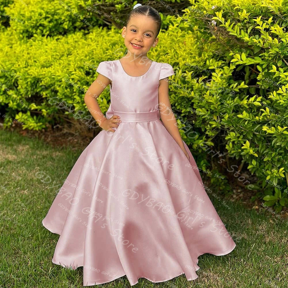 Chic Cap Sleeve First Communion Dress for Kids Satin Bow FloorLength Birthday Party Gown Customized Kids Clothing Flower Girls 251014