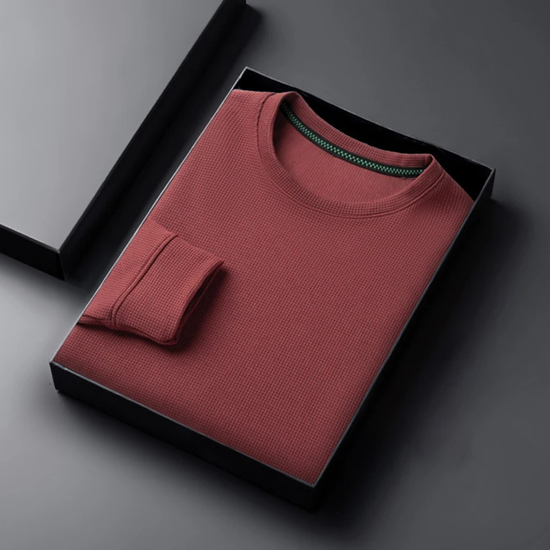 Mens Casual Fashion Long Sleeved Round Neck Tshirt Waffle Comfortable Top a251016