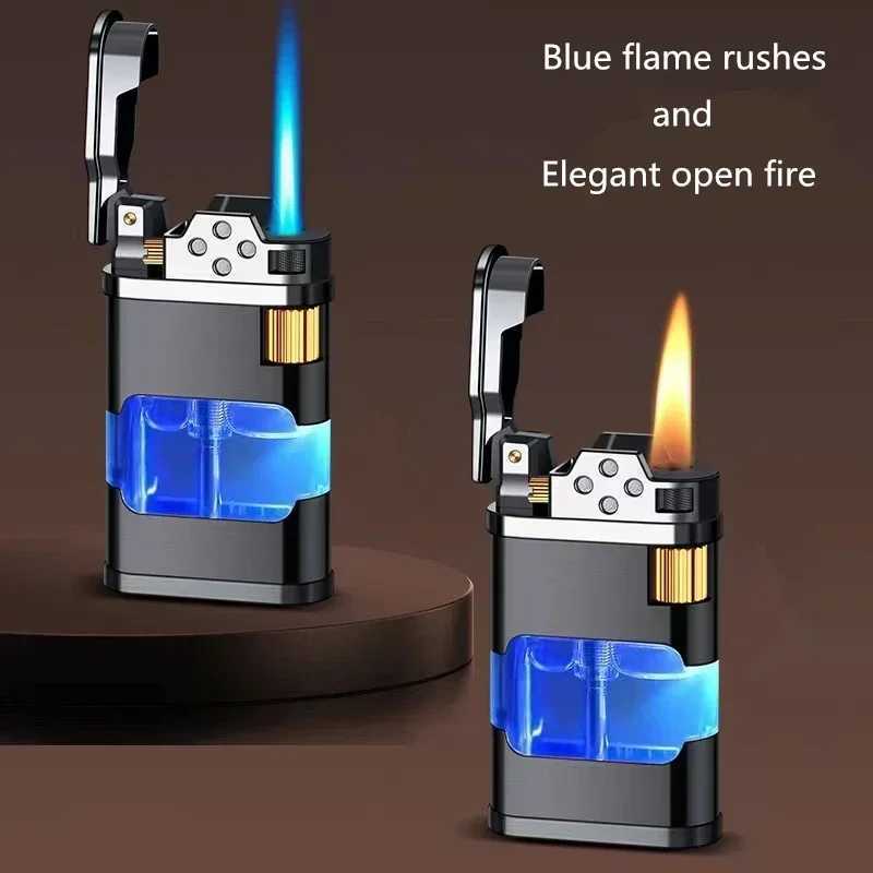 Metal Transparent Windproof Butane Gas Torch Lighter Classic Grinding Wheel Ignition Turbo Jet Blue Flame Cigar Lighters Gadgets C251016