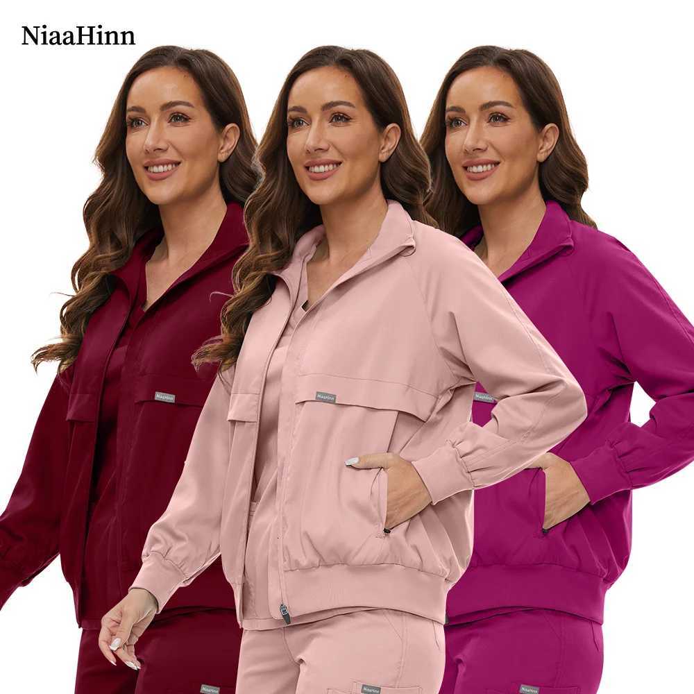 Niaahinn Nursing Scrubs Jackets Long Sleeve Professional Nurse Scrubs Uniforms Pharmacy Jacket Zipper Coat Outdoor Work Uniforms X251016