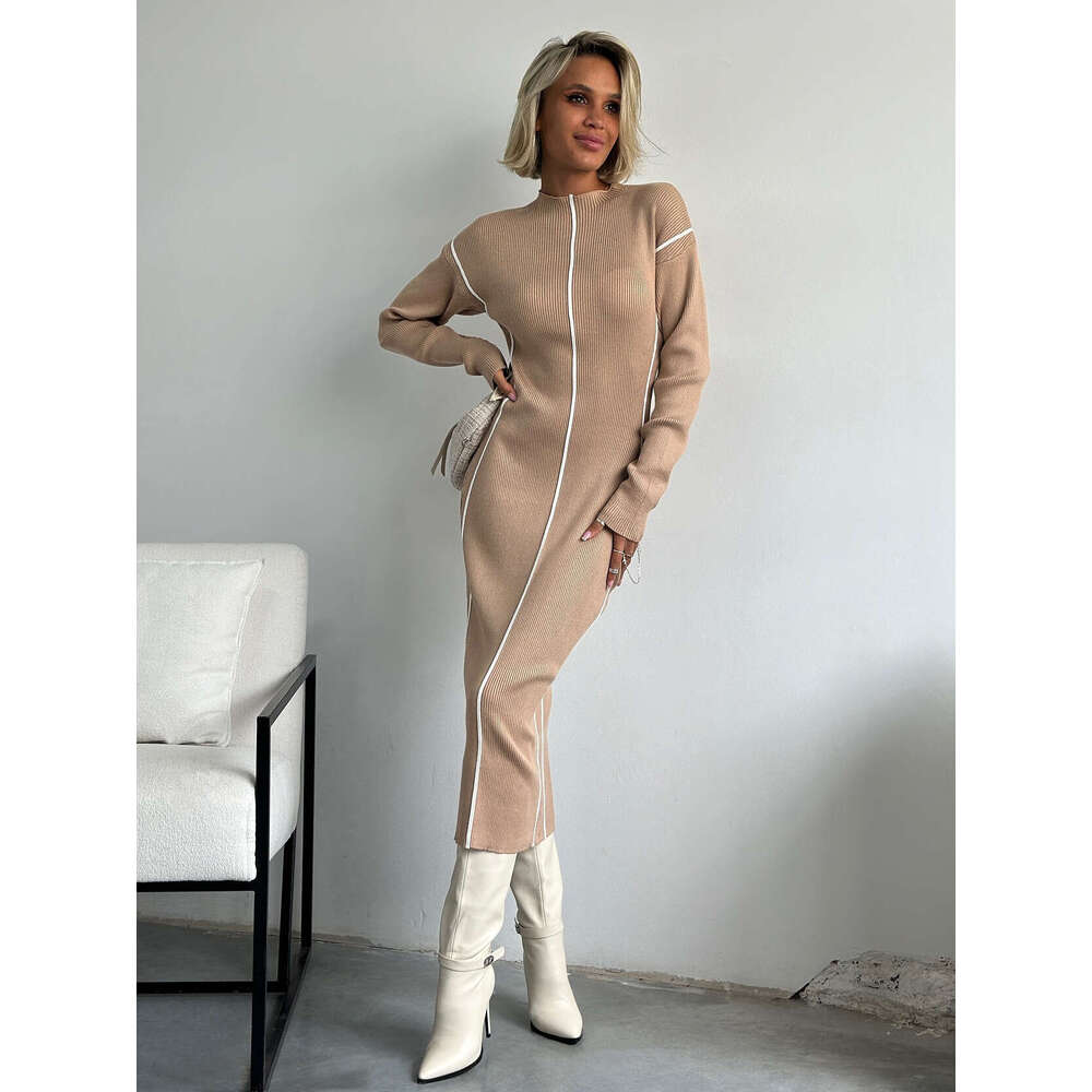 French Style Lazy Half High Collar Striped Color Block Slim Fit For Women High-End Mid-Length Bodycon Dress Autumn B5