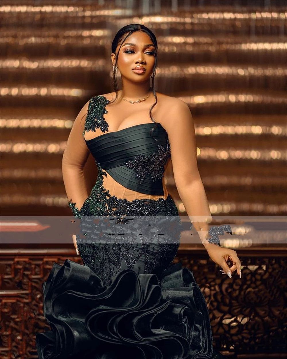 Arabic Style Mermaid Black Evening Dresses Sheer Long Sleeves Lace Appliques Plus Size Formal Prom Party Gowns Robe De Soiree O16