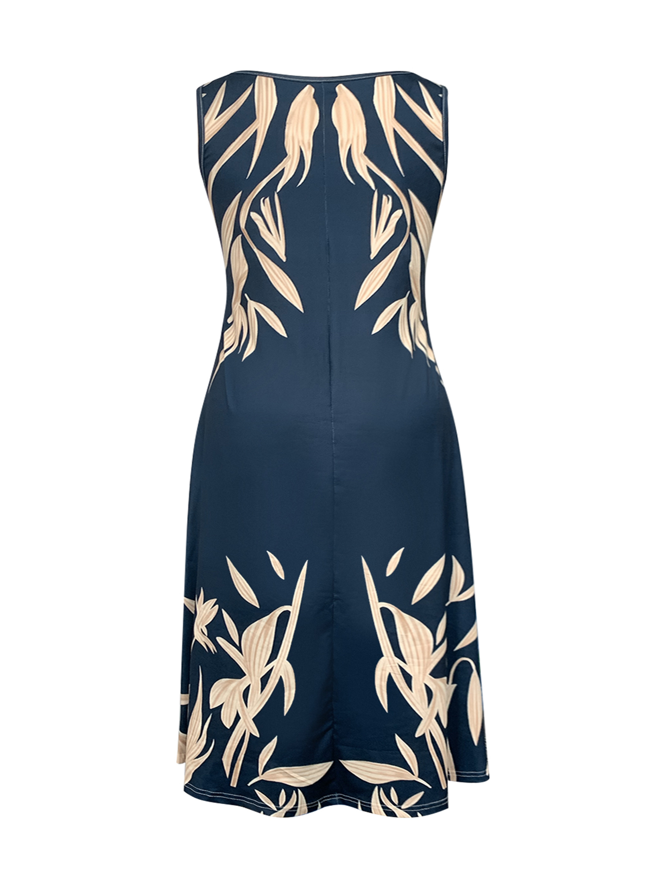 Women's Plus Size Summer Beach Vacation Plant Printed Sleeveless Tank Milk Silk Casual Midi Dress - Blue-YL25244