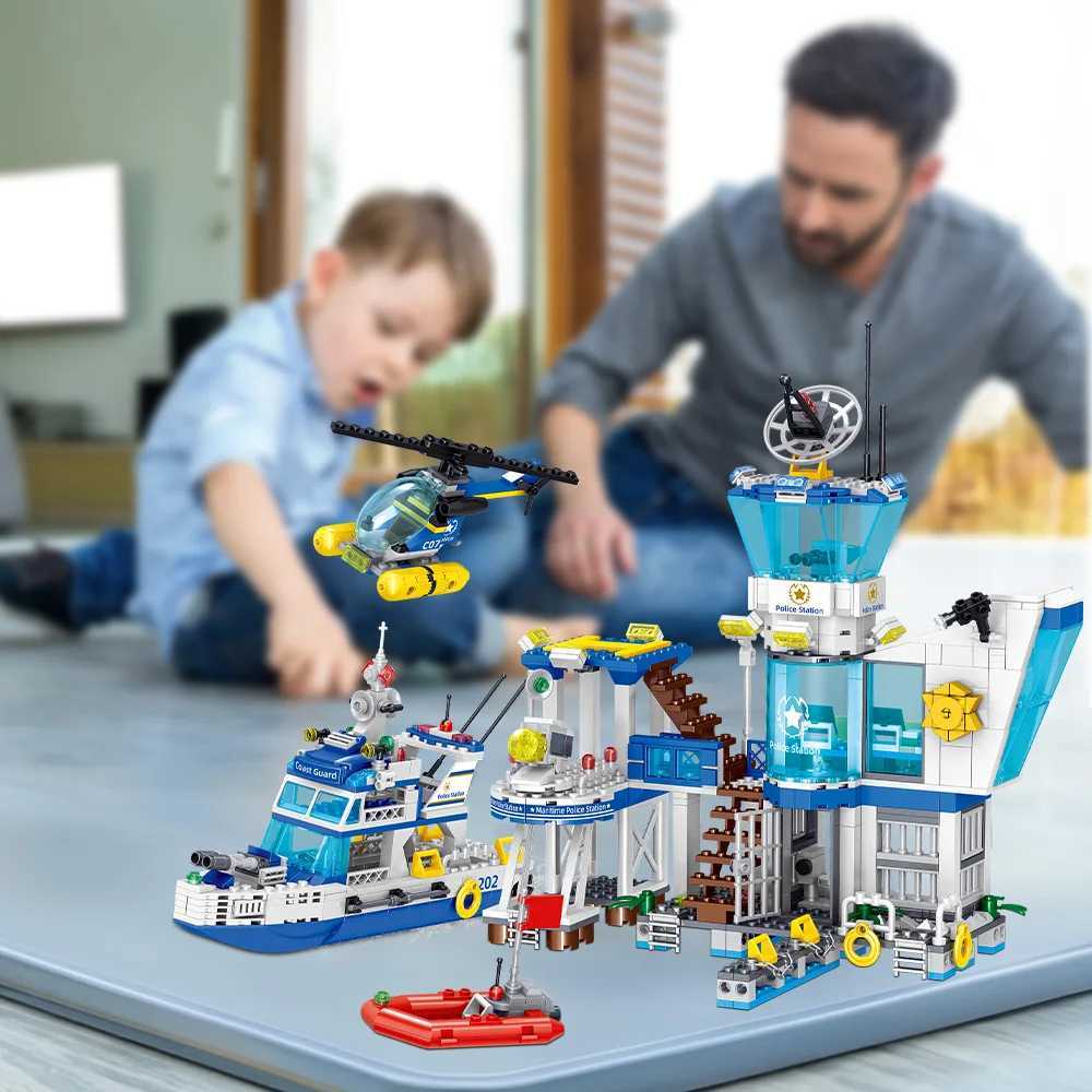 City Ocean Police Station Building Blocks Set Compatible With Leg0 Bricks Contains Police StationHelicopterBoatSearch Boat L251016