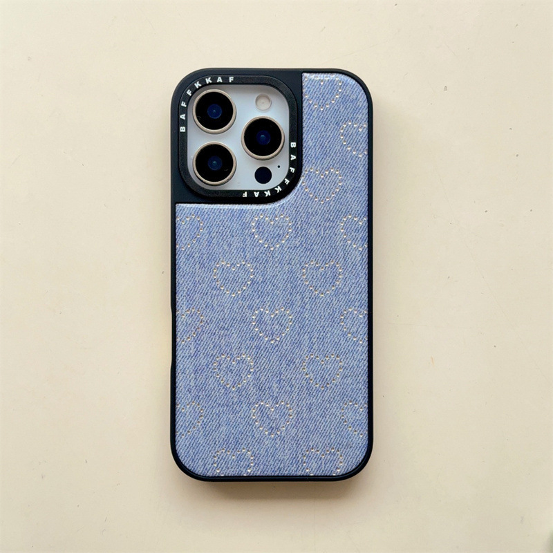 Trendy Black Frame Denim Silver Heart iPhone 17/16 Compatible iPhone15/14/13 Pro Max Phone Case Cover