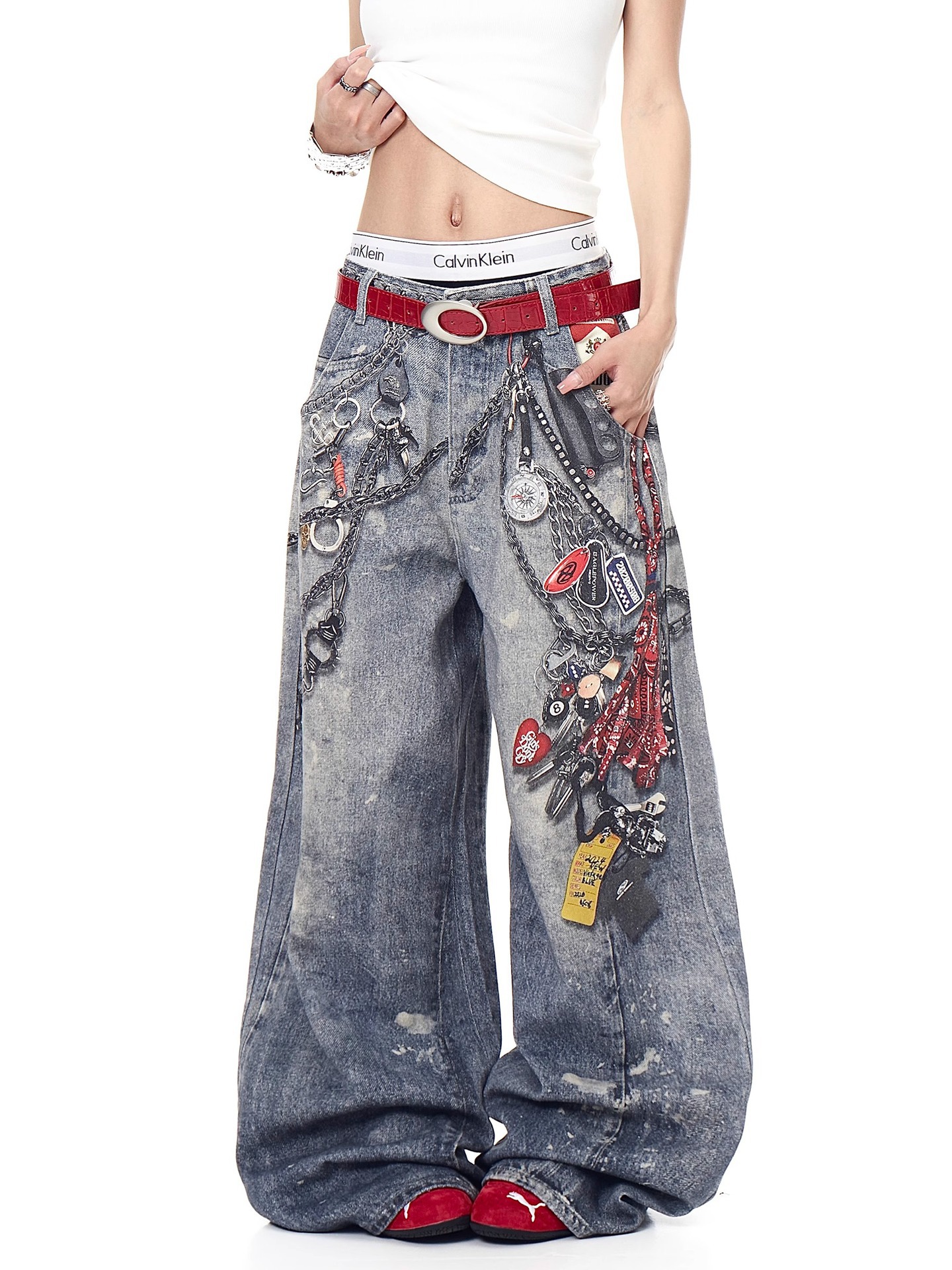 Designer Women's jeans autumn rhinestone multifunctional elegant high-end denim wide leg retro street silhouette curved knife jeans loose wide le