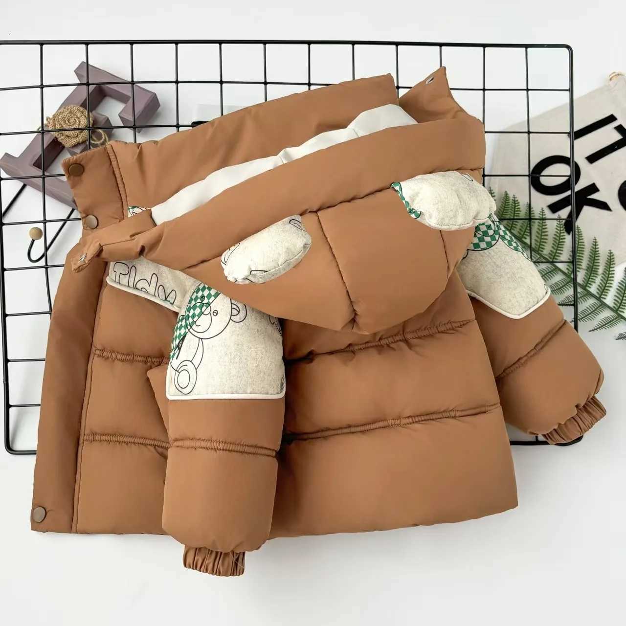 2025 Winter Children Cotton Jacket Baby Boy Girl Cute Bear Color Blocking Thicken Padded Warm Hooded Parka With Bag Kids ClothesT251016
