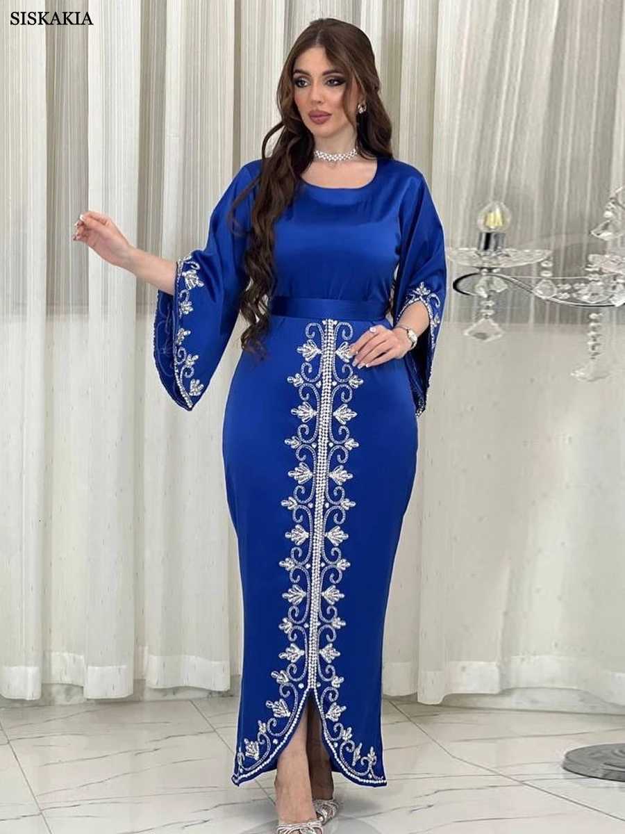 Dresses For Prom Kaftan Dubai Luxury Diamonds Formal Occasion Abaya Elegant Split Sleeve Ladies Long Wrap Dress With Belt X2510161