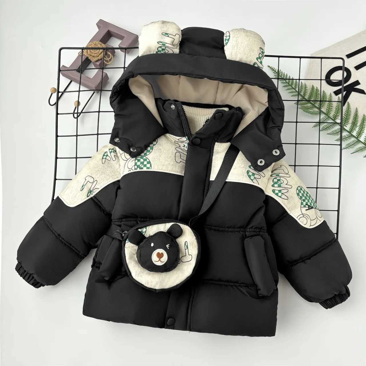 2025 Winter Children Cotton Jacket Baby Boy Girl Cute Bear Color Blocking Thicken Padded Warm Hooded Parka With Bag Kids ClothesT251016