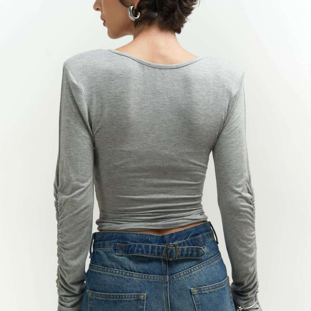 Hollow Out Small V-Neck Casual Versatile Slimming T-Shirt With Design Sense Street Style Ins Unique Pure Desire Long Sleeve Women's Top B5