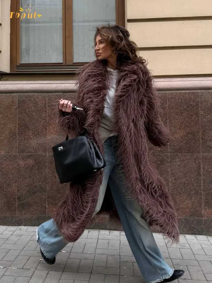 Fluffy Brown Faux Fur Overcoat Women Fashion Lapel Long Sleeve Loose Cardigan Warm Coat 2025 Winter Lady High Street Outerwear W251016