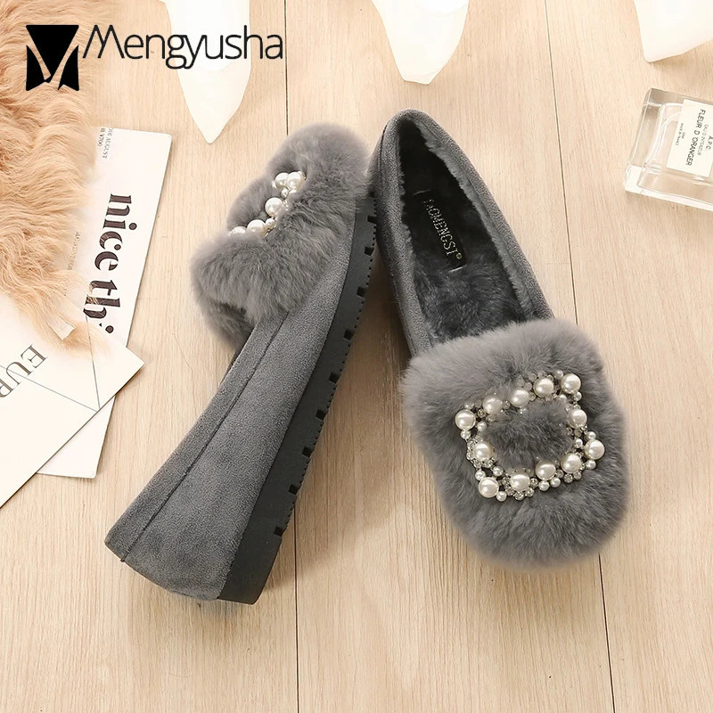 Real Rabbit Fur Shoes Woman Winter Plush Cotton Flats String Beaded Buckle Loafers Ladies Plus Size Moccasins Fleeces Snow Shoes 251013