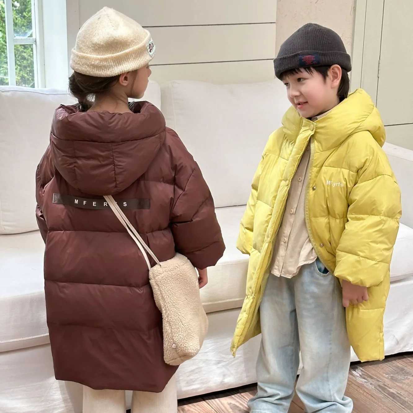 514Y Boys Girls Winter Long Down Coat 2025 New Thick KneeLength Down Jacket with White Duck Feather Loose KoreanT251016
