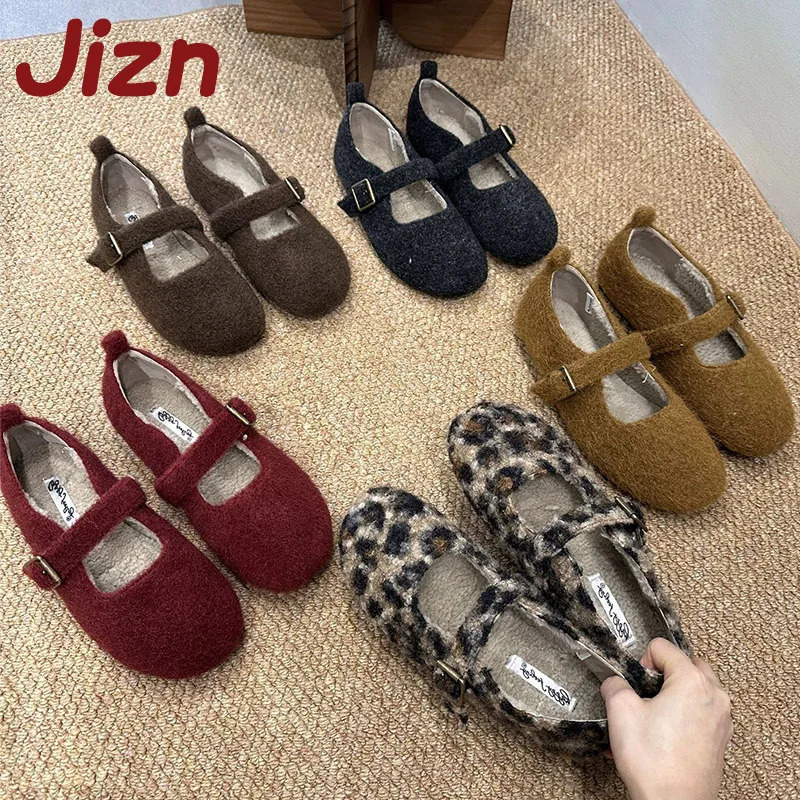 Female Buckle Strap Footwear Round Toe Flats Fur Shoes For Ladies Fashion Plush Women Mary Janes Flats With Furry Shoes 251013
