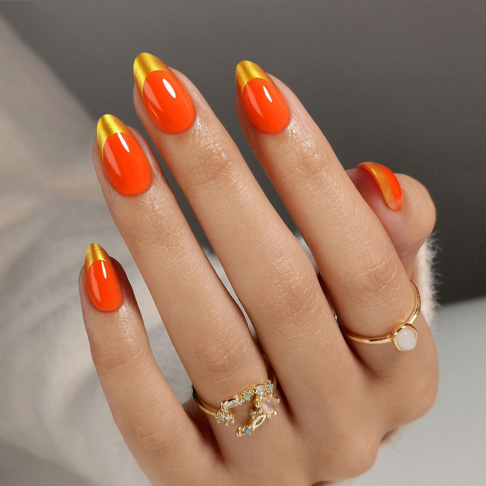 Reusable Gold French Tip Press-On Nails Soft Gel, Almond Shape, Fits All Fingers | Set of 32