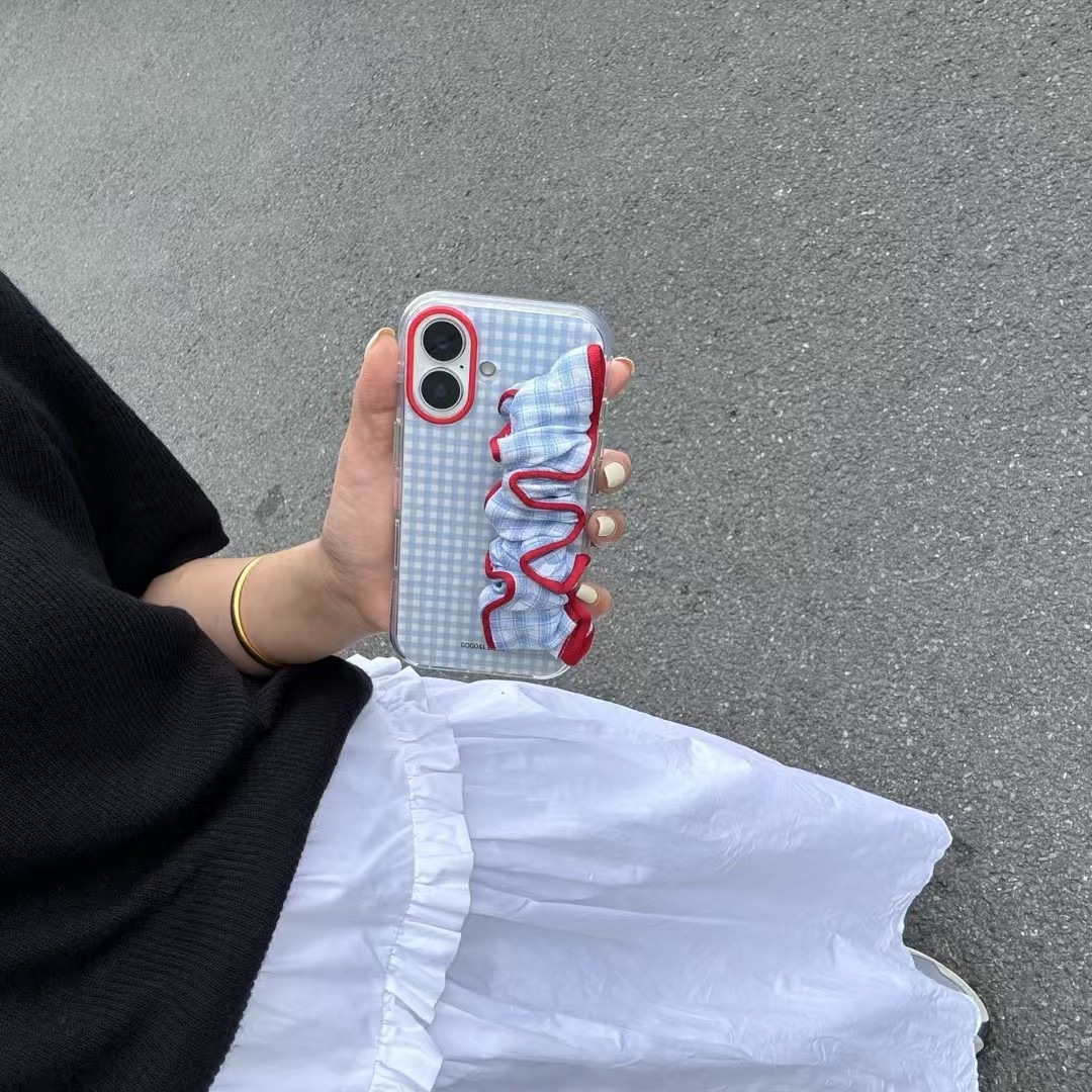 Version Red and Wristband Color-Block Blue Stripes Compatible with iPhone 17 Pro Case 15 Korean Style 14 Full Coverage Niche