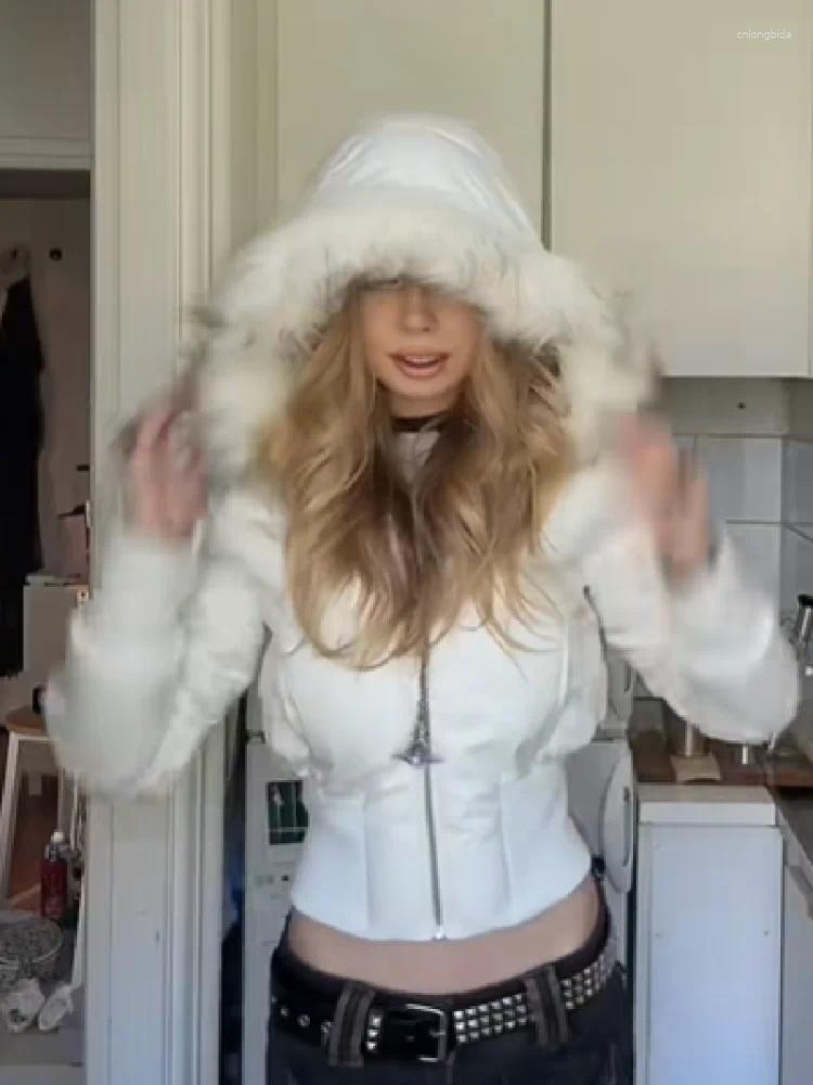 Women's Jackets Chic Fur Collar Hooded Cotton Jacket Solid Zipper Slim Waist Pocket Warm Thick Coat 2025 Winter Autumn Female Outerwear