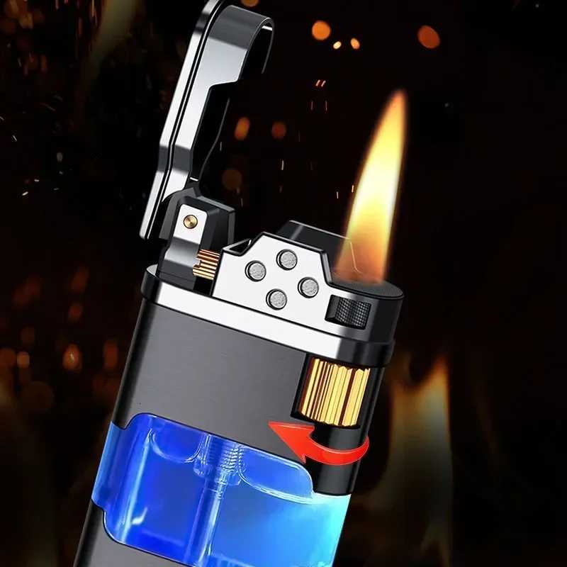 Metal Transparent Windproof Butane Gas Torch Lighter Classic Grinding Wheel Ignition Turbo Jet Blue Flame Cigar Lighters Gadgets C251016