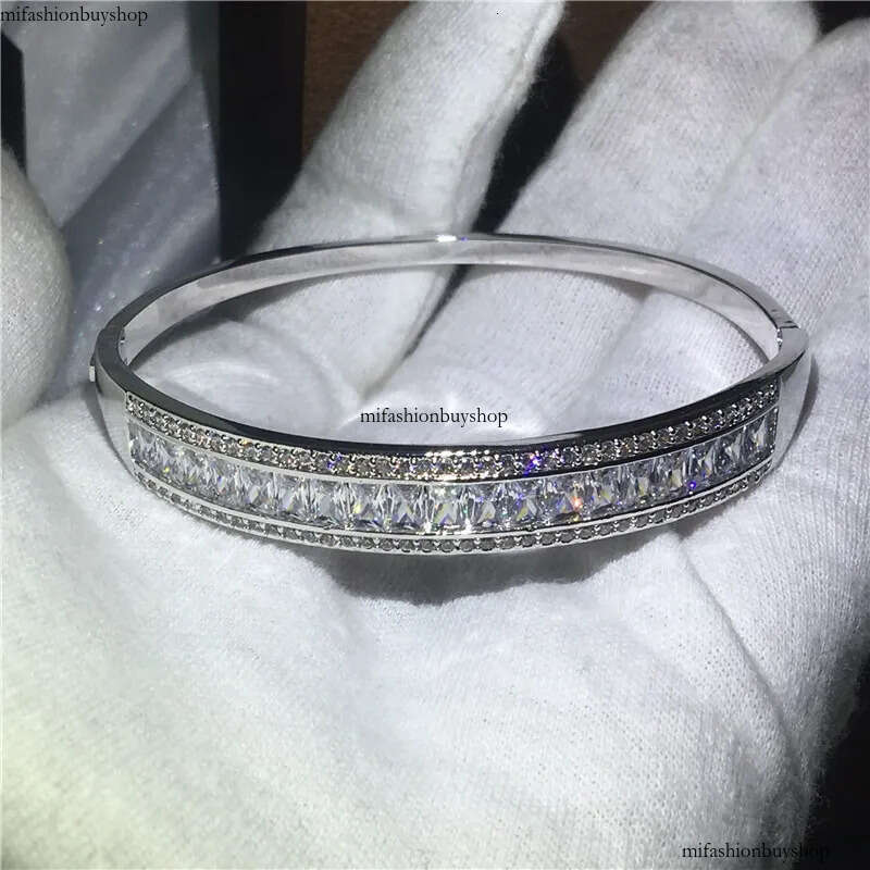 Rulalei Sparkling Hot Sale Jewelry Sterling Sier Full Princess White Topaz CZ Dia Gemstones Women Bracelet Bridal Bangle