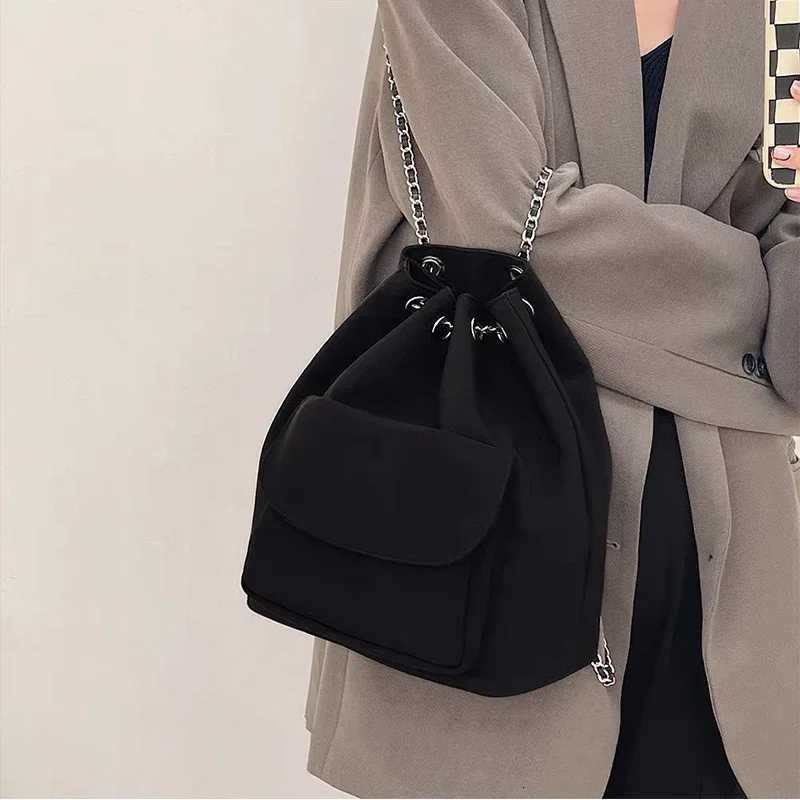 Black Design Fashion Backpack for Women Spring and Summer Casual Travel Drawstring Chain Bucket Bags Girls Nylon Back PacksT251016