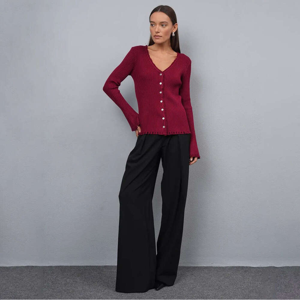 Trendy Frayed V-Neck Buttoned Slim Cardigan Autumn Winter Ins Style Bell Sleeve Ripped Ribbed Knitwear B5