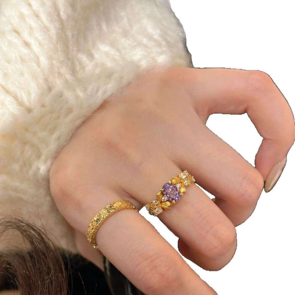 French Style Nine Purple Fire Wattle Flower Vintage Light Luxury Niche Fashion Versatile Handmade Brushed Ring ddmypluto